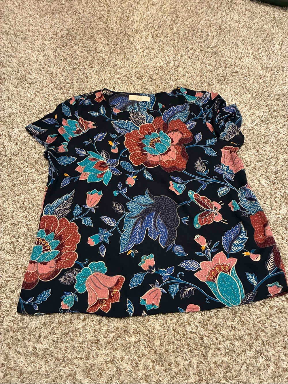 LOFT Navy Floral Short-Sleeve Blouse with Coral & Teal Print